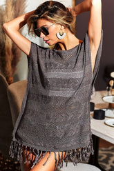 BiBi Fringed Hem Short Sleeve Knit Top OutfitFlow